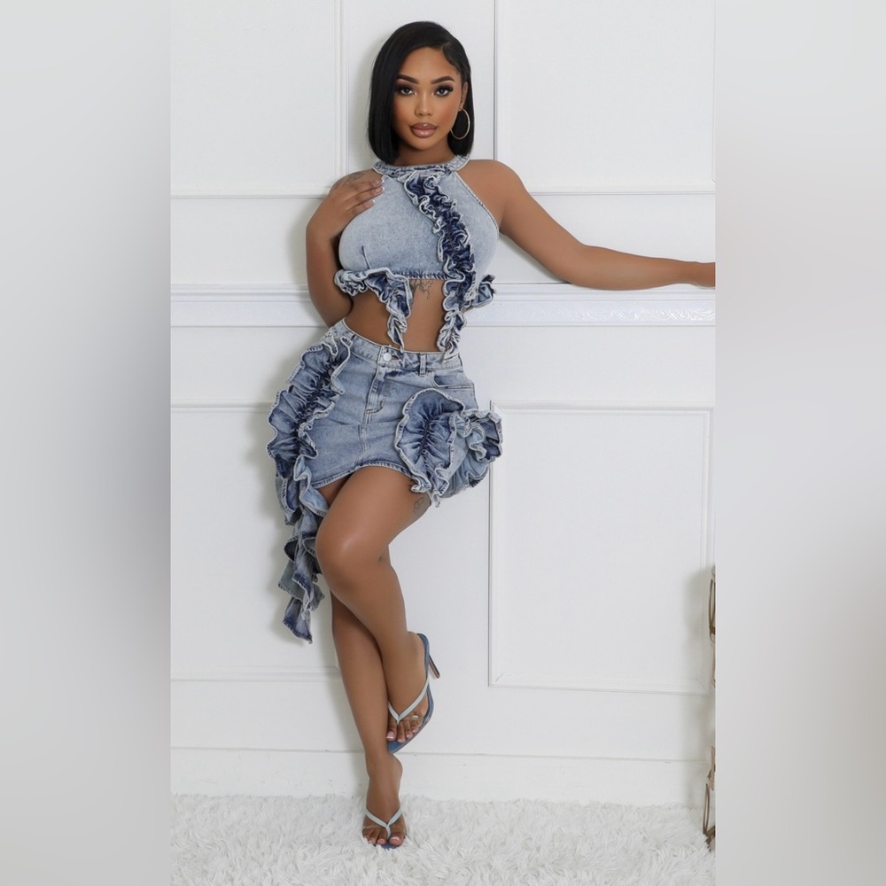 Denim Ruffle Skirt Set